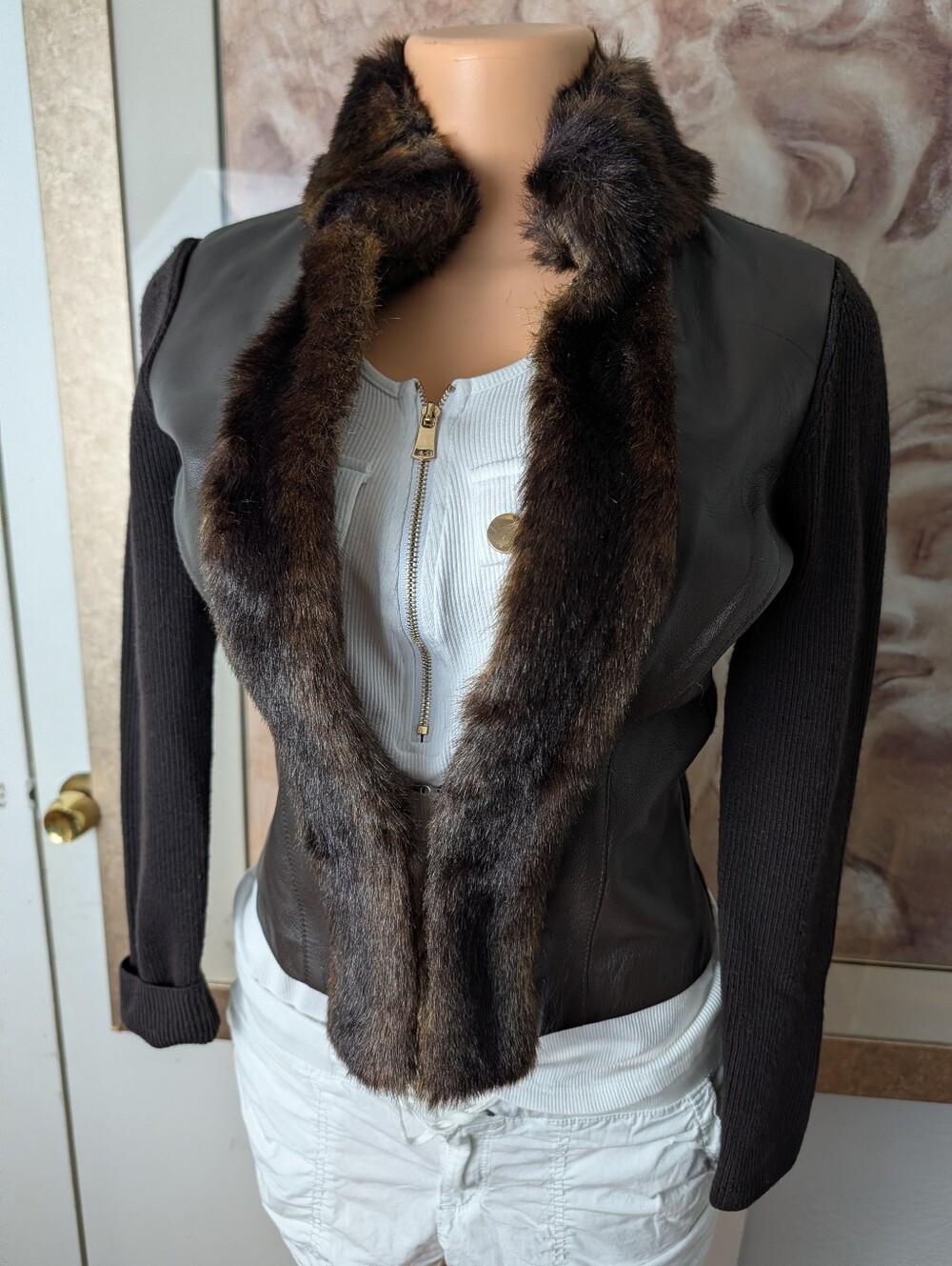Classiques Entier Dark Brown Leather Jacket, Merino Wool Lining,Fur Trim Sz XS